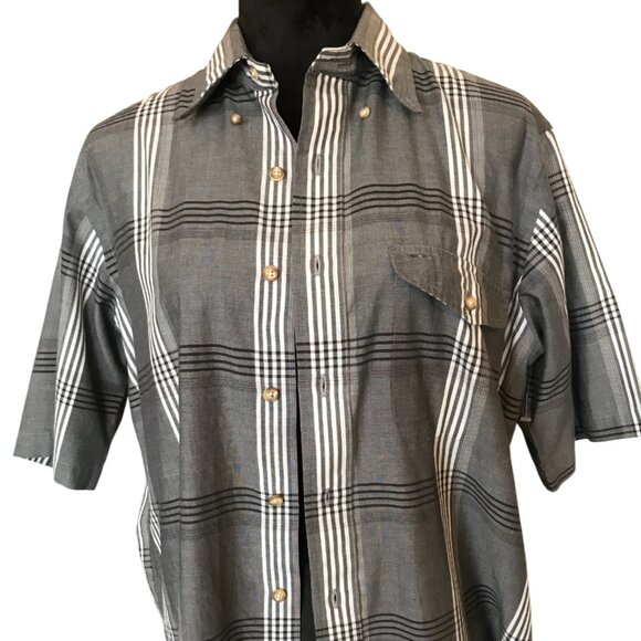 Roundtree & Yorke Striped Button-Down Shirt: Vintage 80s Gray Black Plaid Size M - Picture 7 of 9